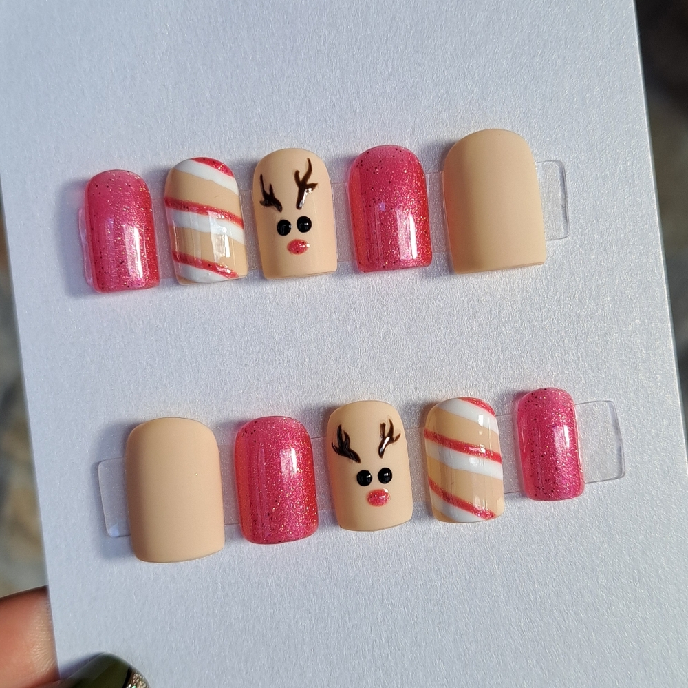 Pink Reindeer Custom Set of 10 Hand Painted Press On Nails Custom Reusable
